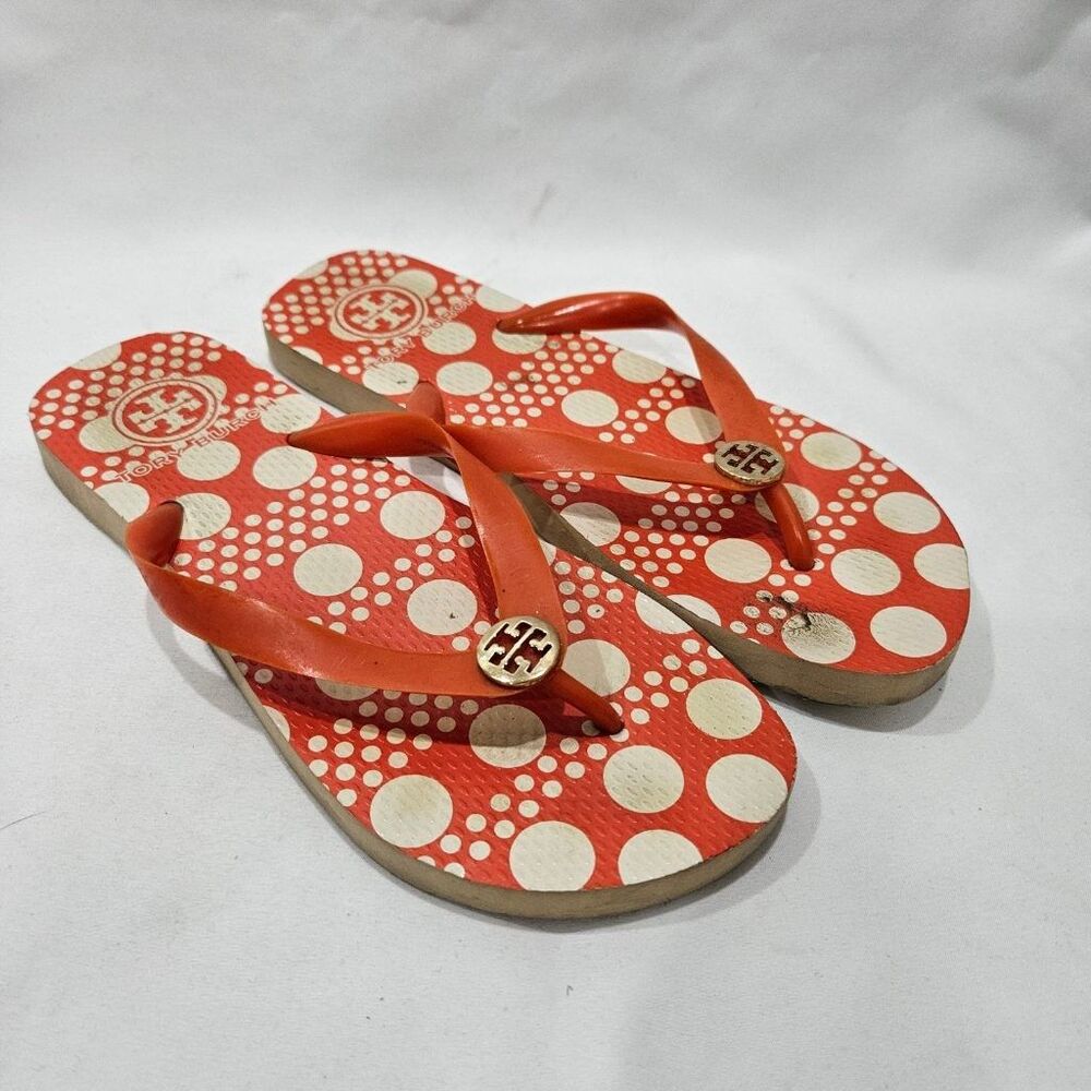 Tory Burch Thin Flip Flops Orange White Polka Dot Gold Logo Thong Sandals Y2K